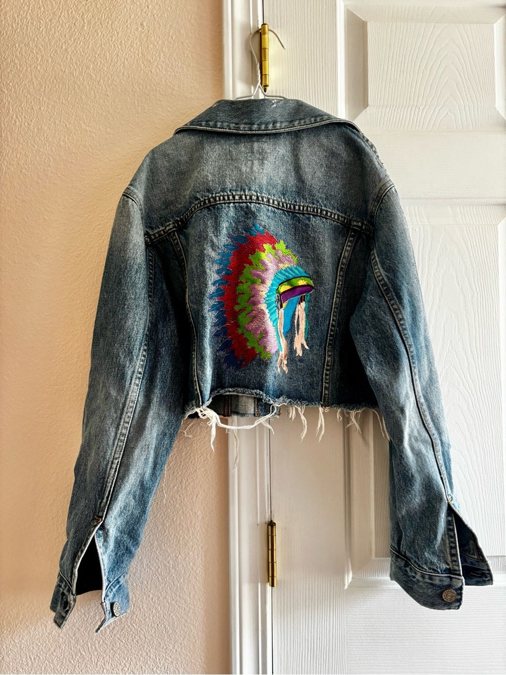NOEND DENIM Cropped Denim Jacket Embroidered Headpiece (High End) Small